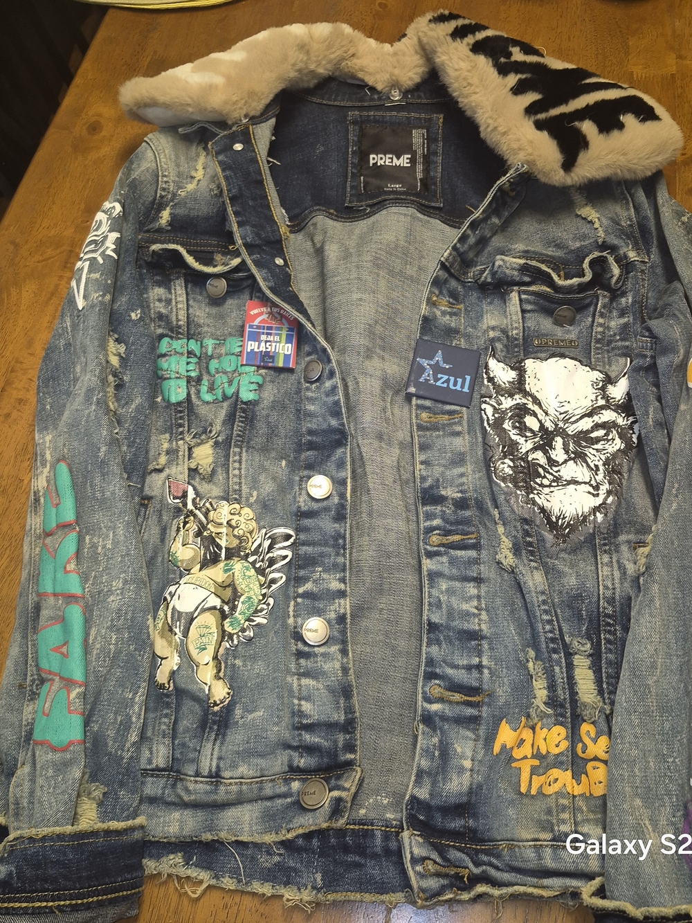 PREME Distressed Blue Denim Jacket with Faux Fur Collar